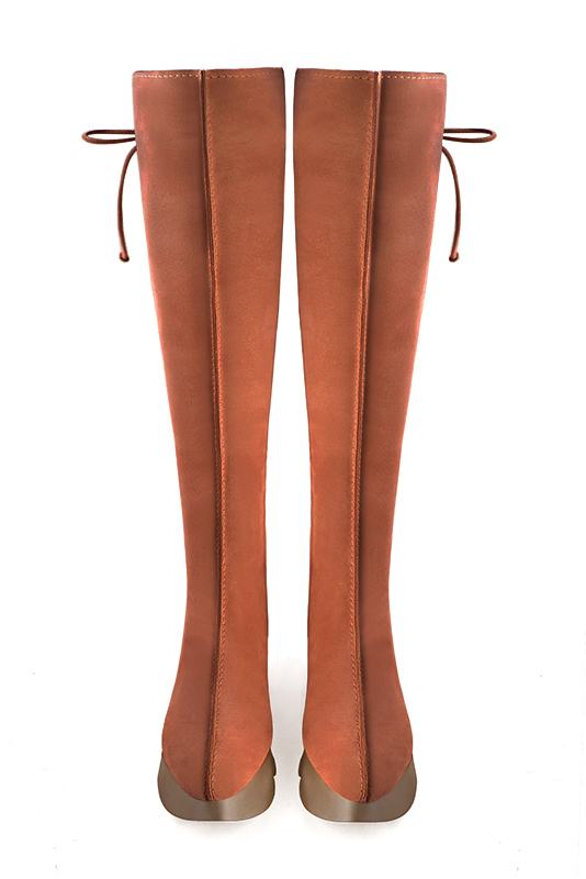Terracotta orange women's knee-high boots, with laces at the back. Round toe. Low rubber soles. Made to measure. Top view - Florence KOOIJMAN